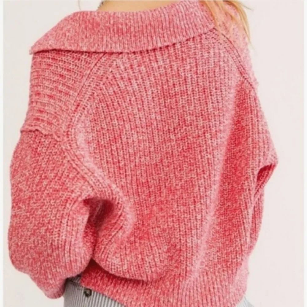 Free People Love This City Pink White Collared Slouchy Crop Sweater - Size XS - Picture 2 of 15